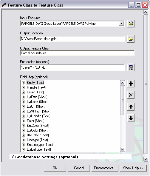 ArcGIS Desktop Help 9.3 Using the Feature Class to Feature Class tool
